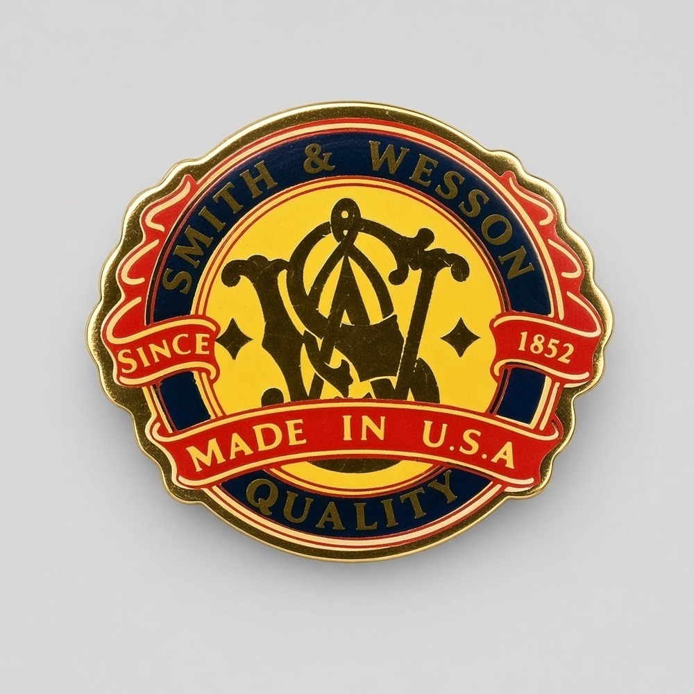 Smith & Wesson Logo Lapel Pin Made in USA Quality Since 1852 Gold Tone Red Blue